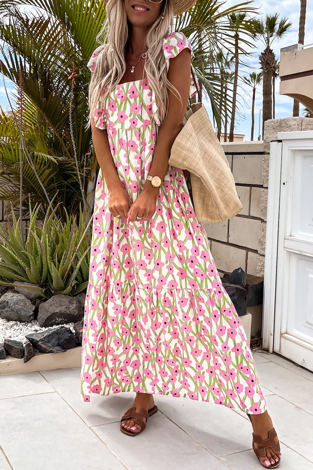 Pink Floral Print Square Neck Ruffled Strap Maxi Dress - The Fair Lady Shop