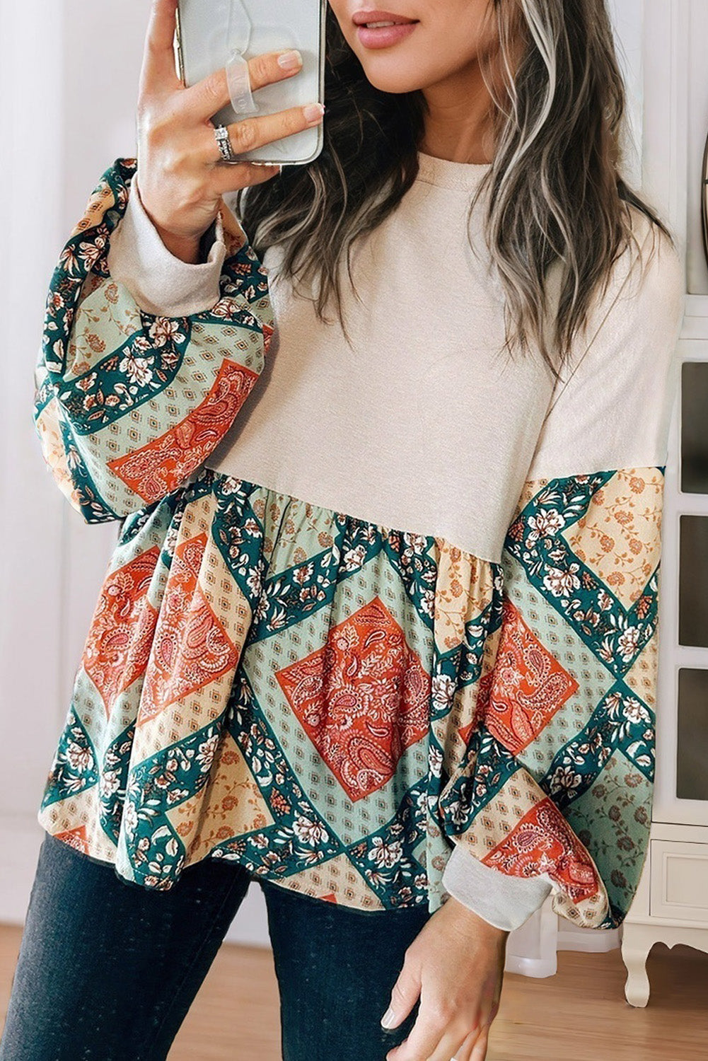 Jet Stream Paisley Geometric Patchwork Loose Fit Blouse - The Fair Lady Shop