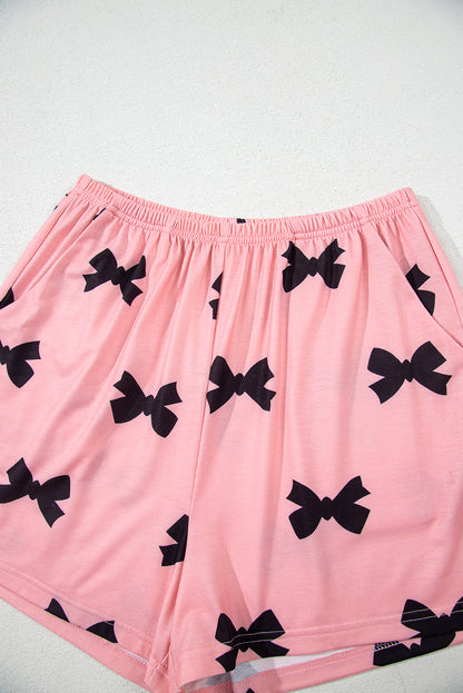 Pink Allover Bow Print Pockets Cropped Pajama Set