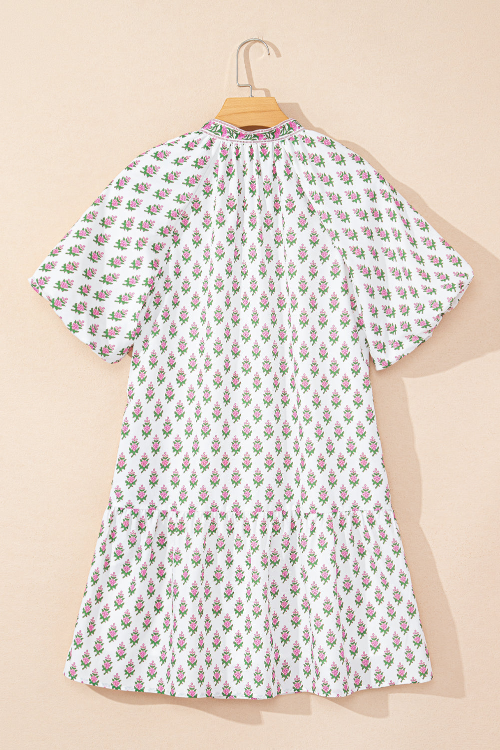 Pink Floral Print Drawstring V Neck Bishop Sleeve Boho Dress - The Fair Lady Shop