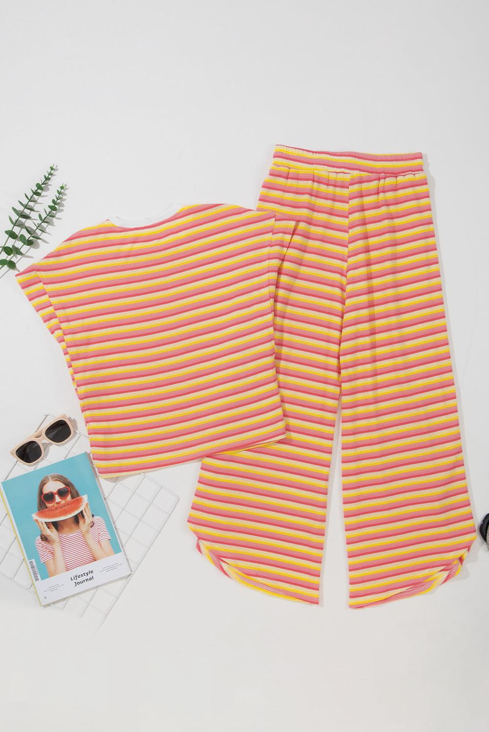 Yellow Stripe Rainbow Tee and Tassel Drawstring Wide Leg Pants Set - The Fair Lady Shop
