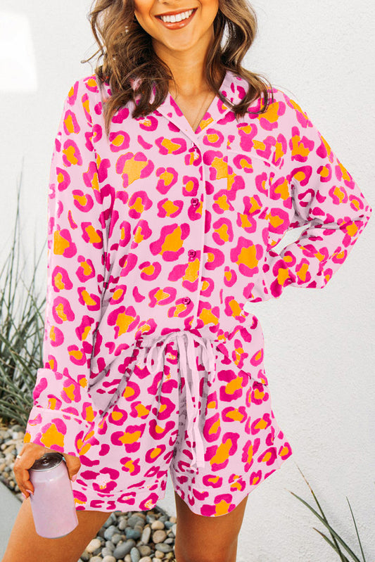 Pink Leopard Print Long Sleeve Shirt and Shorts Pajama Set - The Fair Lady Shop