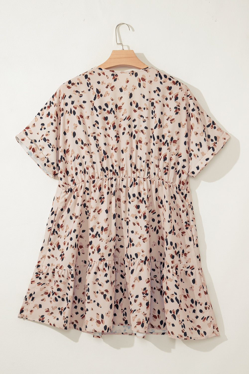 Beige Abstract Print Surplice V Neck Cuffed Sleeve Empire Waist Plus Size Dress - The Fair Lady Shop