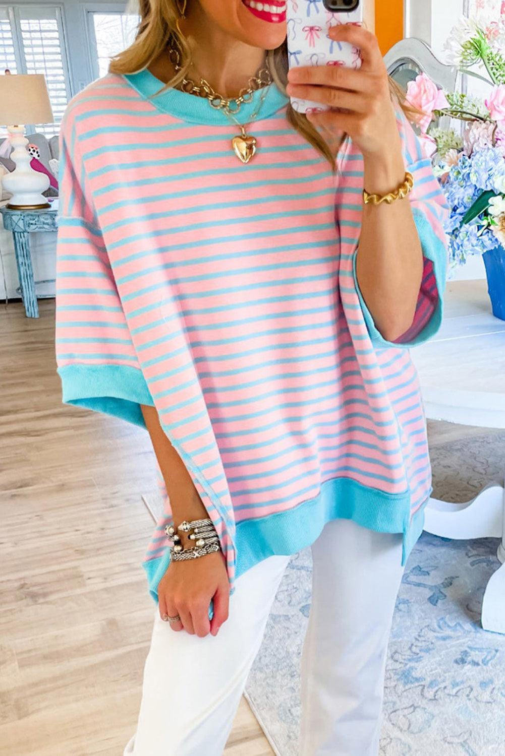 Pink Stripe Colorblock Drop Sleeve Oversized T Shirt - The Fair Lady Shop