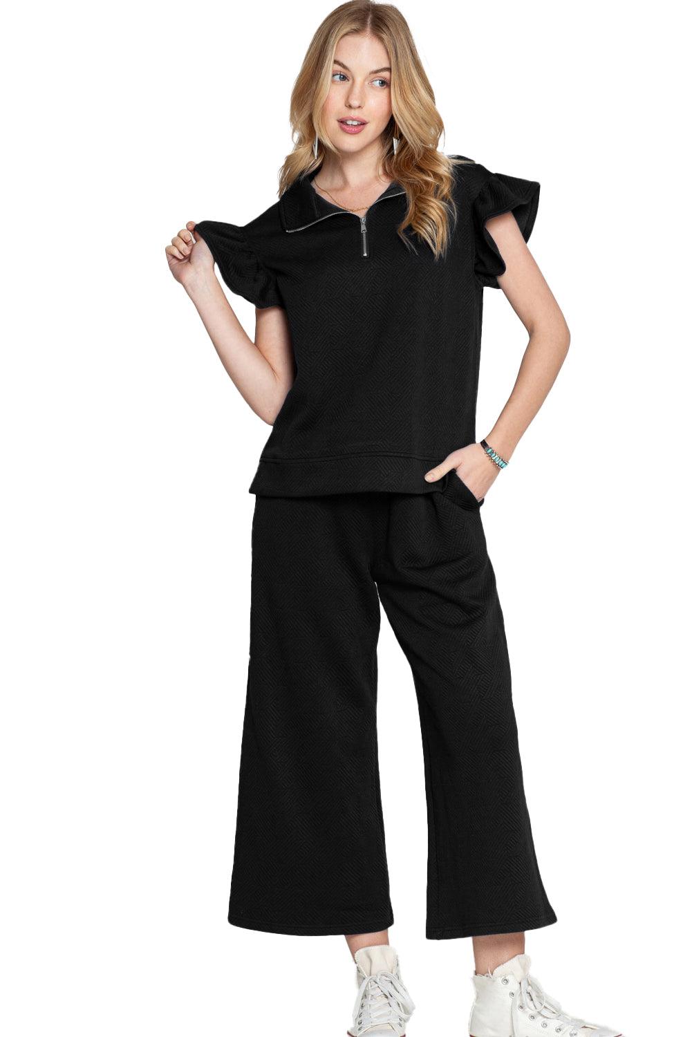Black Textured Ruffle Cap Sleeve Top and Wide Leg Pants Set - The Fair Lady Shop