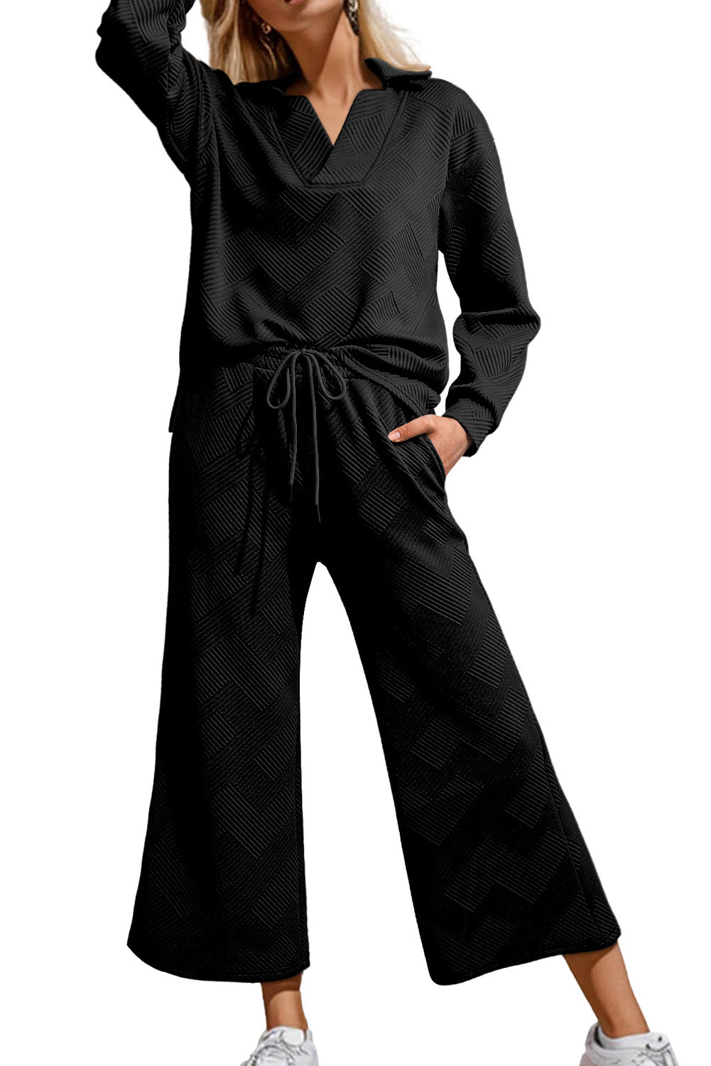 Black Plain Textured Collared V Neck Top and Wide Leg Pants Set - The Fair Lady Shop