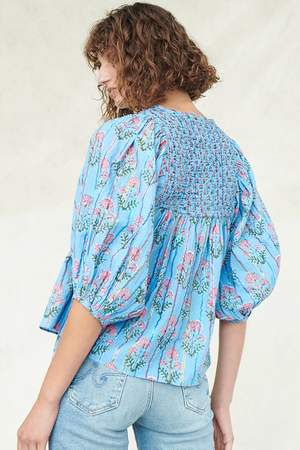 Sky Blue Floral Striped Smocked V Neck Blouse - The Fair Lady Shop