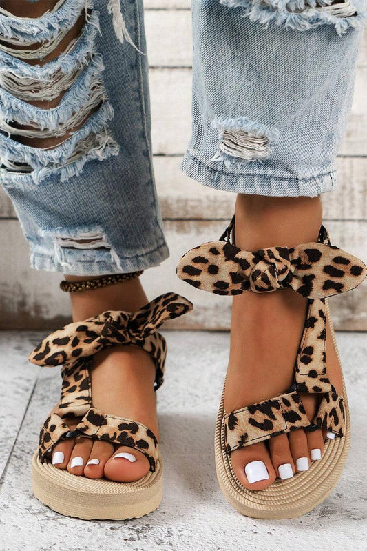 Brown Leopard Pattern Bow Decor Thick Sole Sandals - The Fair Lady Shop