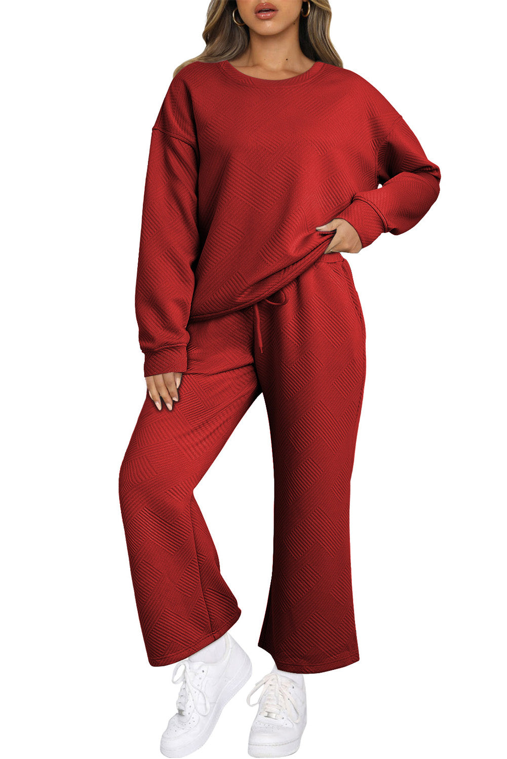 Red Dahlia Textured Loose Slouchy Long Sleeve Top and Pants Set - The Fair Lady Shop