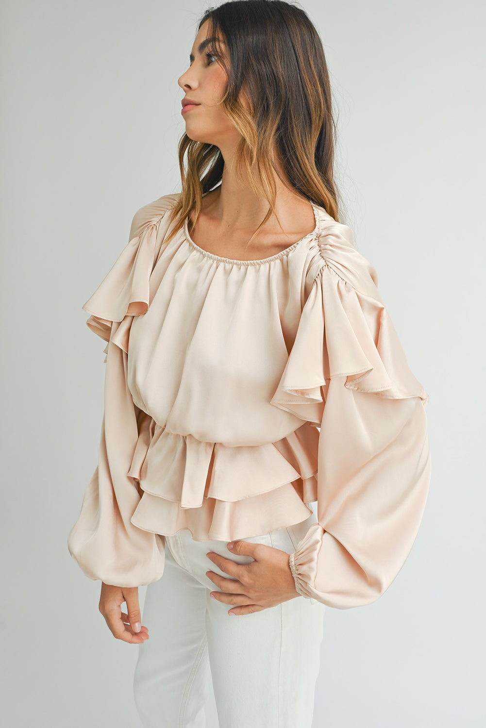 Oatmeal Elegant Satin Ruffle Long Sleeve Blouse - The Fair Lady Shop