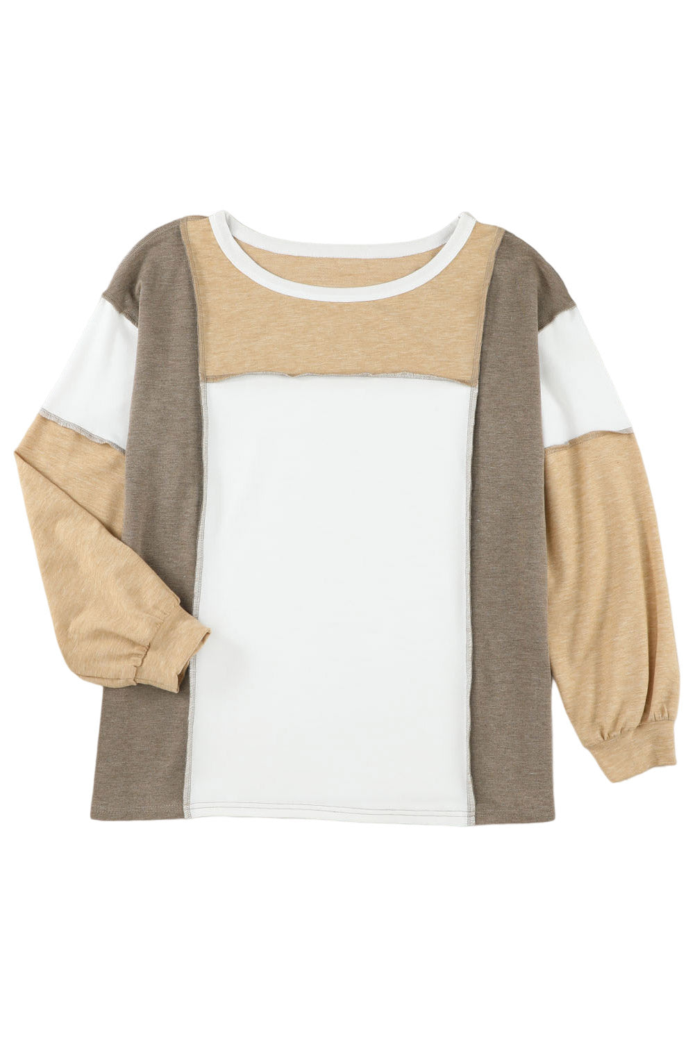Khaki Color Block Exposed Seam Long Sleeve Top - The Fair Lady Shop