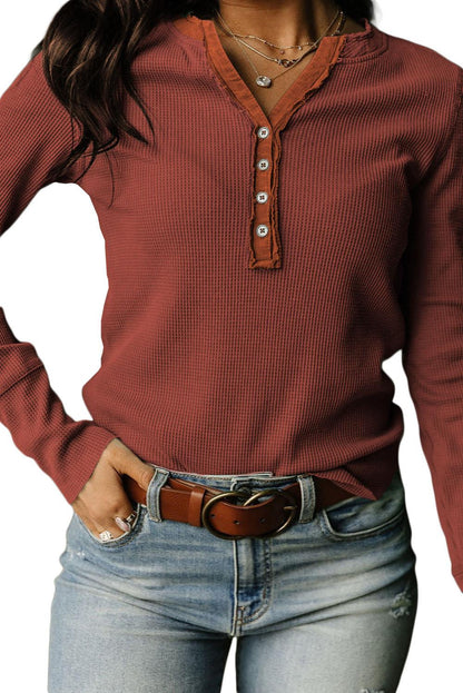 Brown Solid Color Waffle Knit Long Sleeve Henley Shirt - The Fair Lady Shop