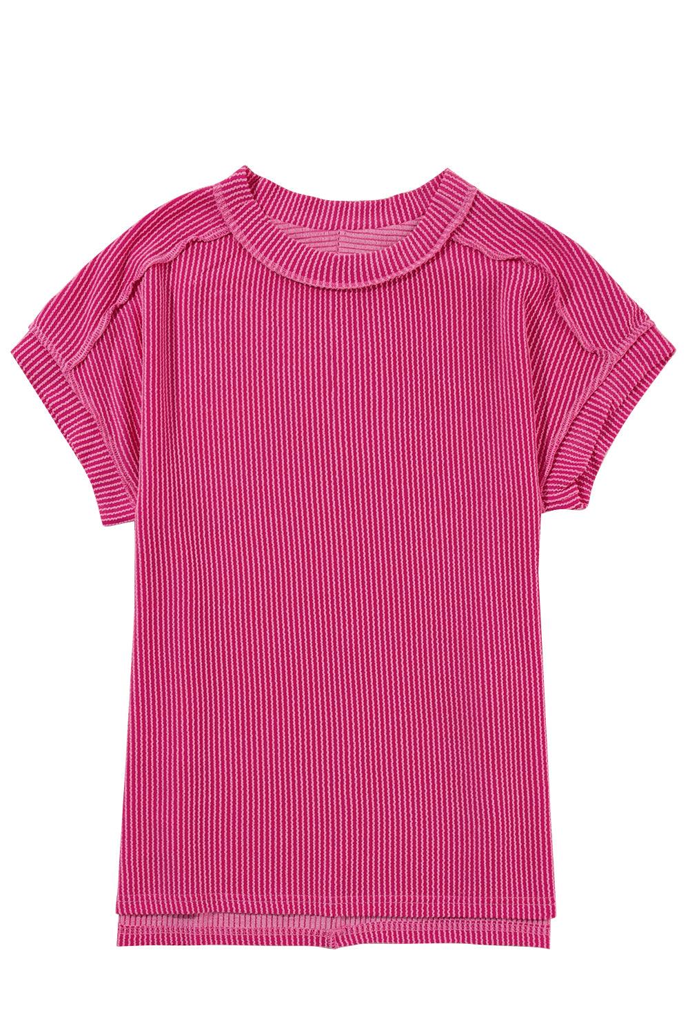 Medium Grey Ribbed Knit Exposed Seam Round Neck T-shirt - The Fair Lady Shop