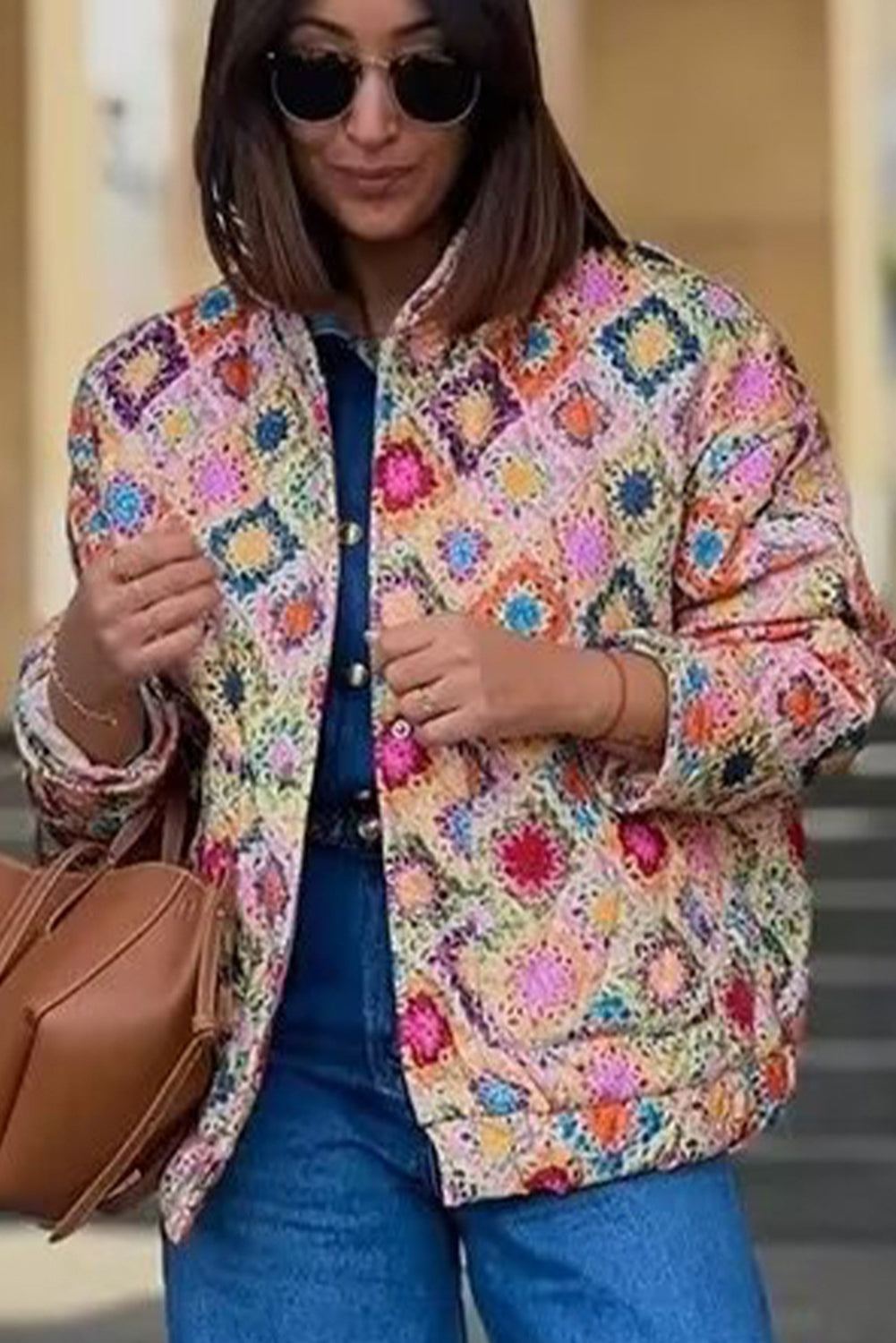 Multicolour Checkered Floral Print Snap Buttons Coat - The Fair Lady Shop