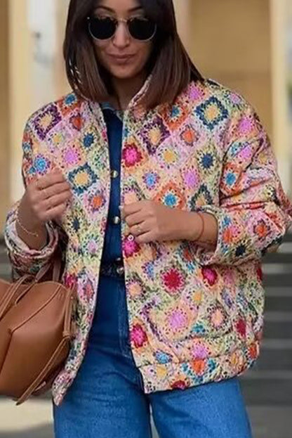 Multicolour Checkered Floral Print Snap Buttons Coat - The Fair Lady Shop