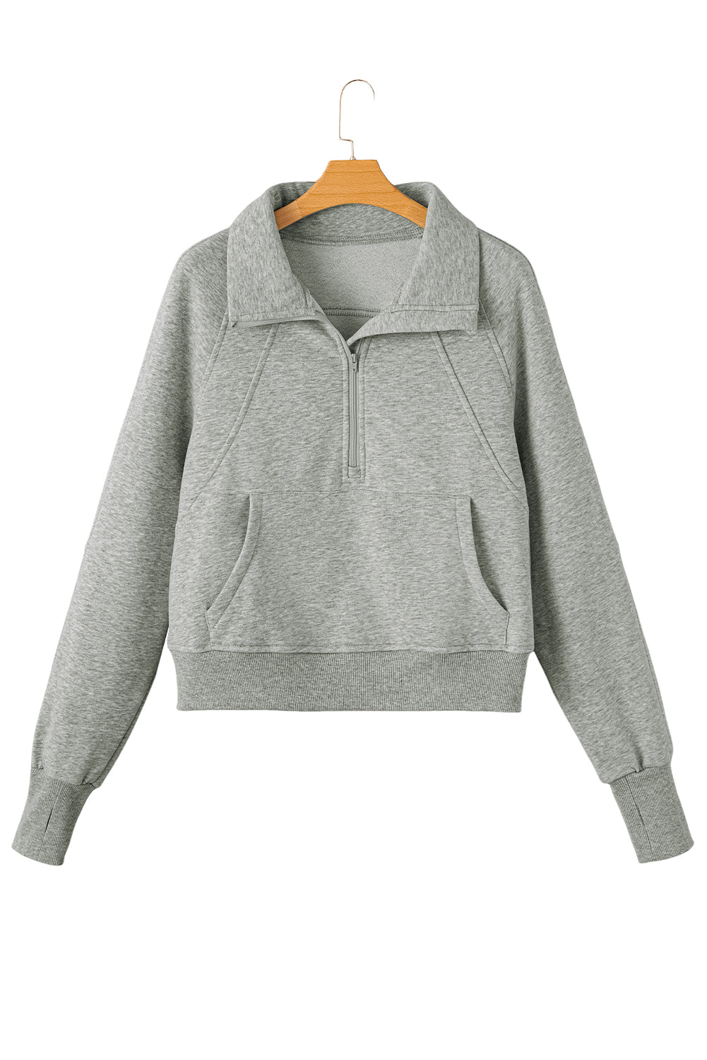 Gray Zip Up Stand Collar Ribbed Thumbhole Sleeve Sweatshirt - The Fair Lady Shop