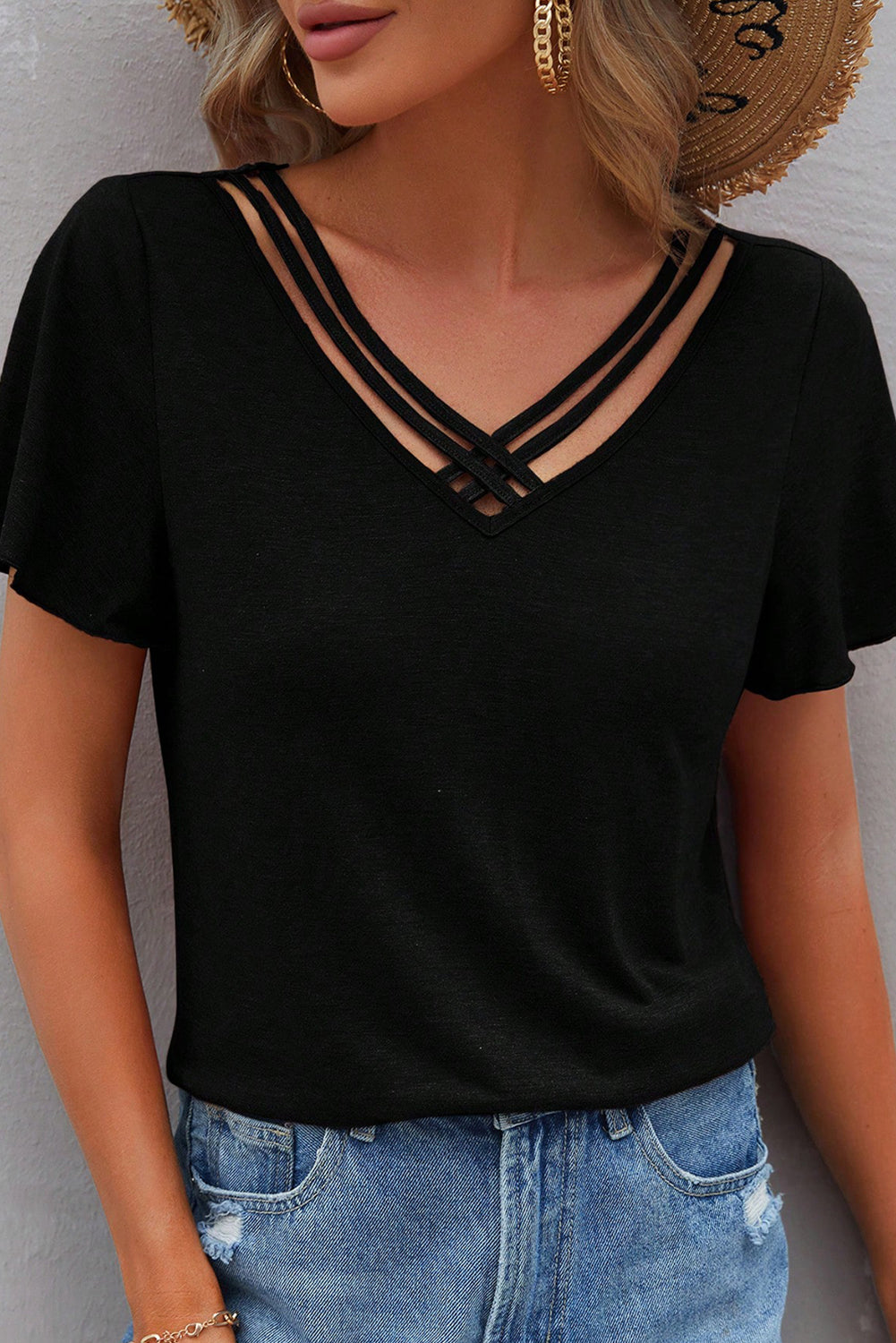 Black Crisscross V Neck Flutter Sleeve T Shirt - The Fair Lady Shop
