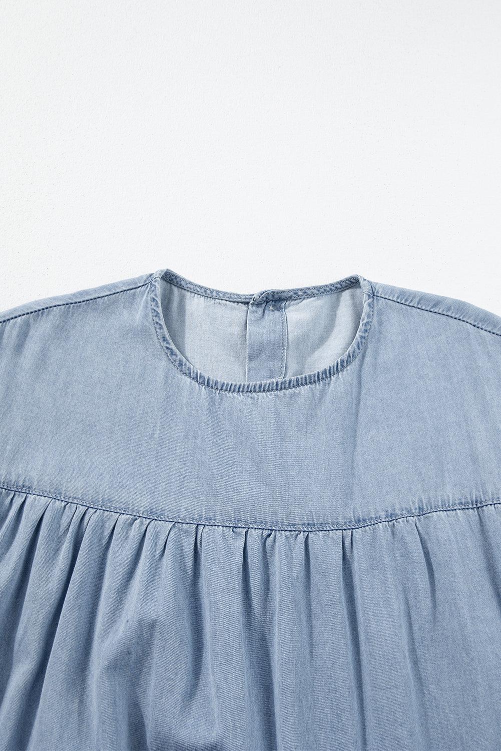 Beau Blue Ruffle Short Sleeve Tiered A-line Denim Dress - The Fair Lady Shop