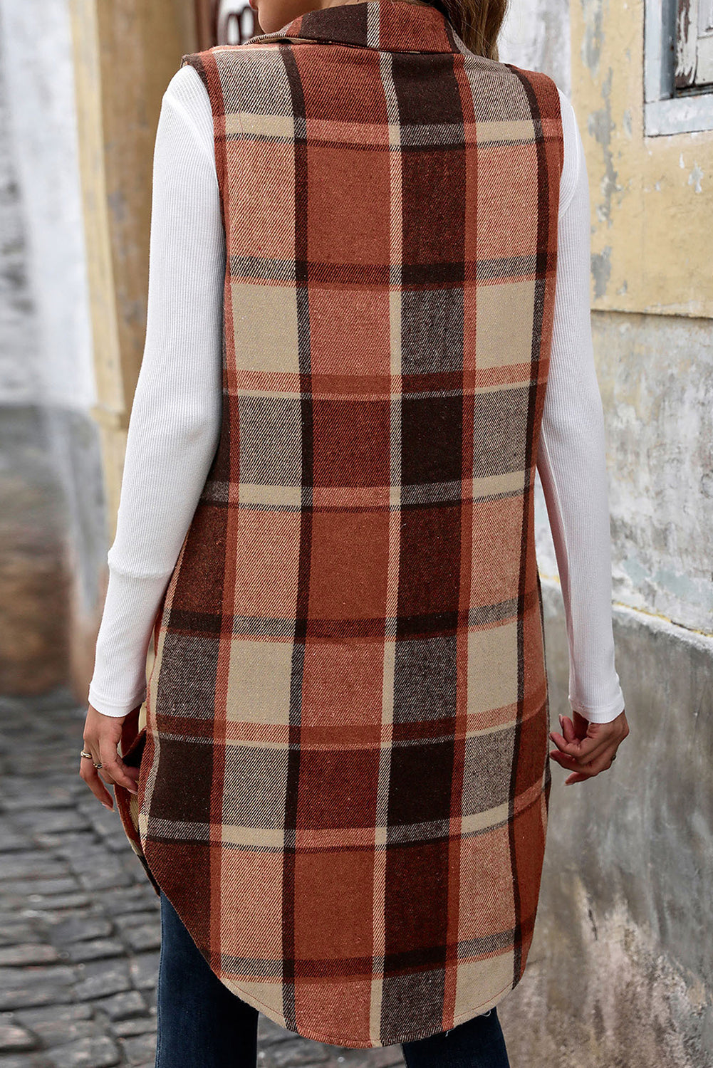 Cinnamon Mid Length Sleeveless Plaid Vest Jacket - The Fair Lady Shop