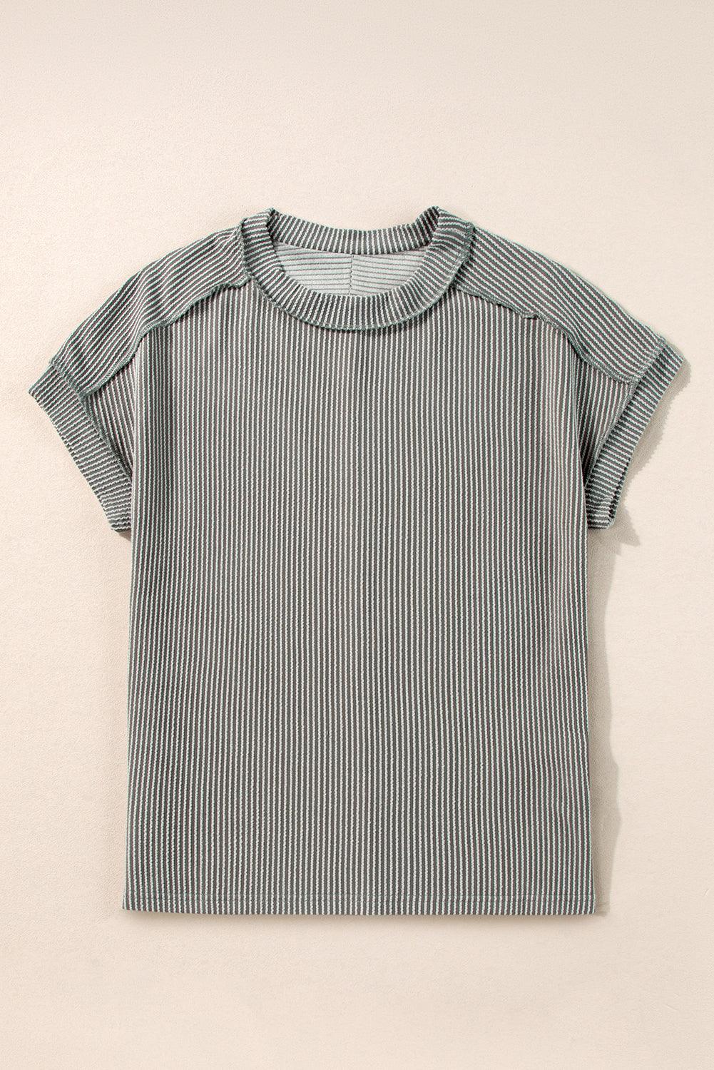 Medium Grey Ribbed Knit Exposed Seam Round Neck T-shirt - The Fair Lady Shop