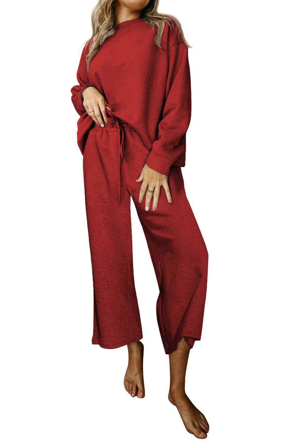 Red Dahlia Textured Loose Slouchy Long Sleeve Top and Pants Set - The Fair Lady Shop