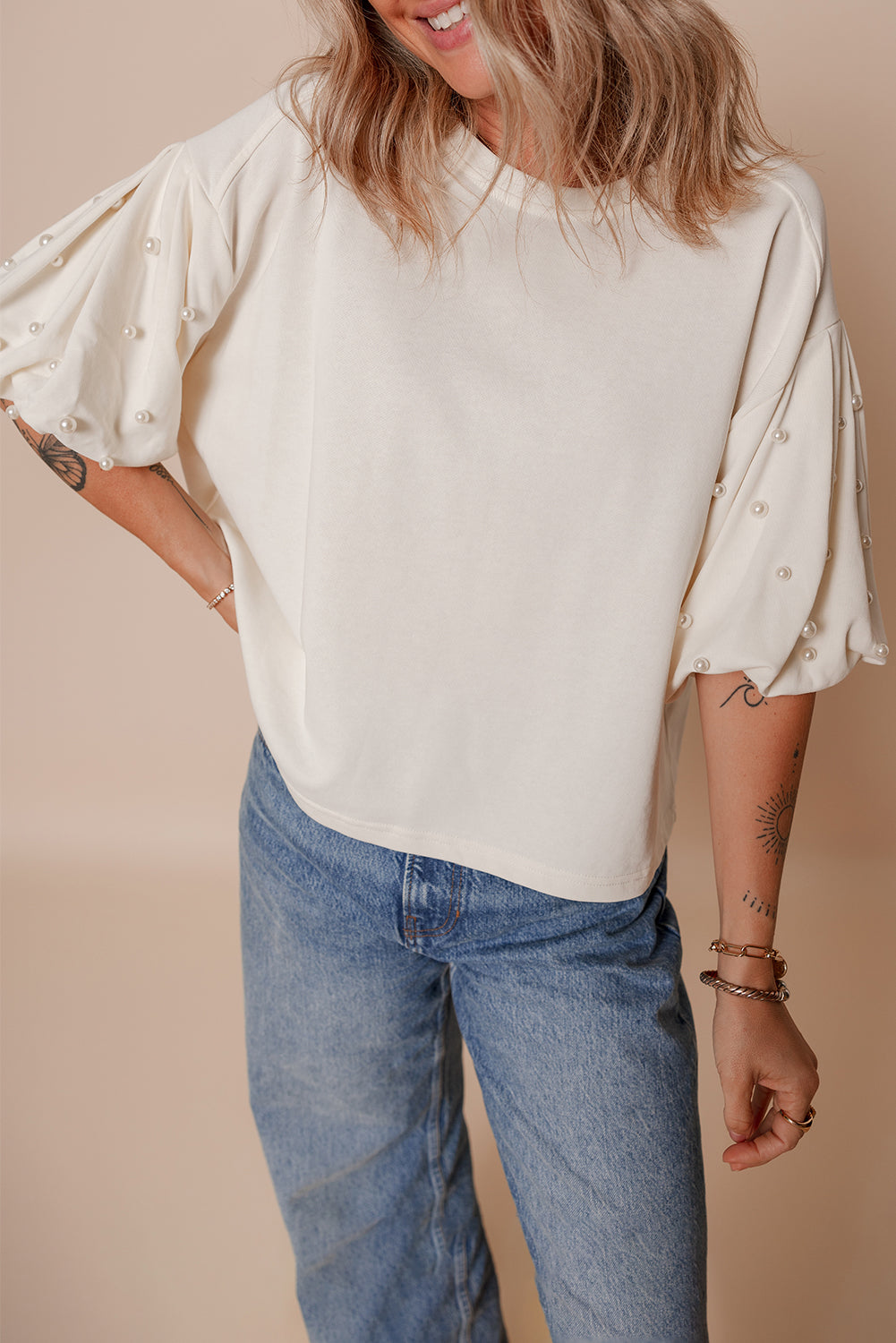 White Pearled Puff Sleeve Round Neck Loose Top - The Fair Lady Shop