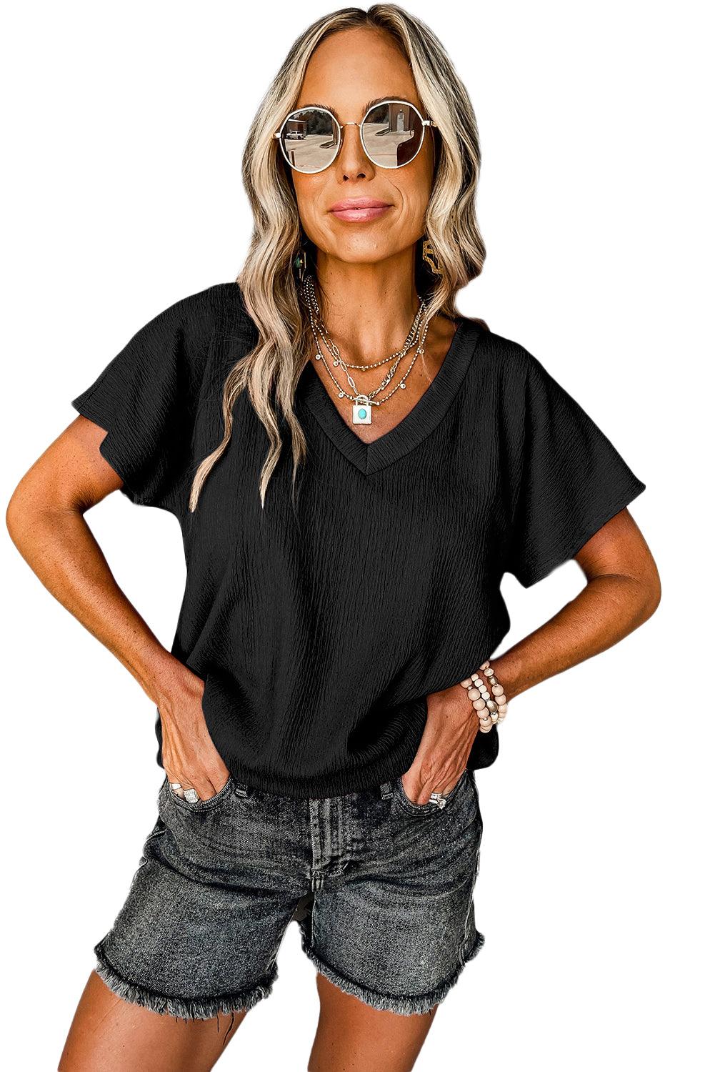 Blue Plain Crinkled V Neck Flounce Sleeve T Shirt - The Fair Lady Shop