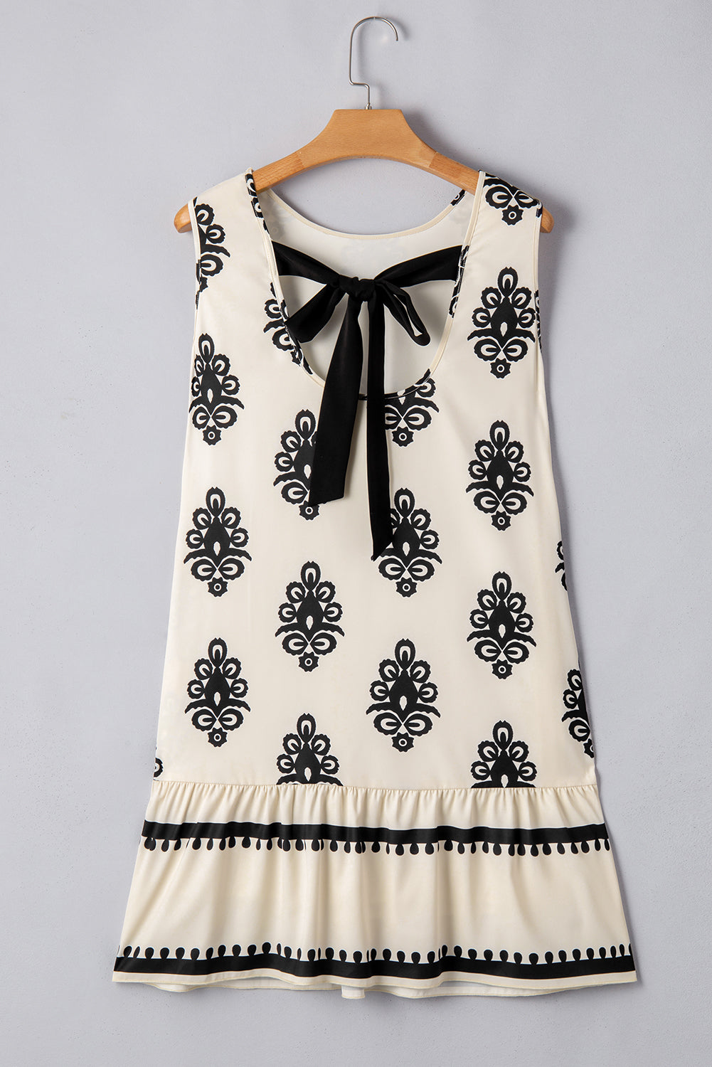 Beige Geometric Printed Sleeveless Hollowed Bowknot Back Mini Dress - The Fair Lady Shop