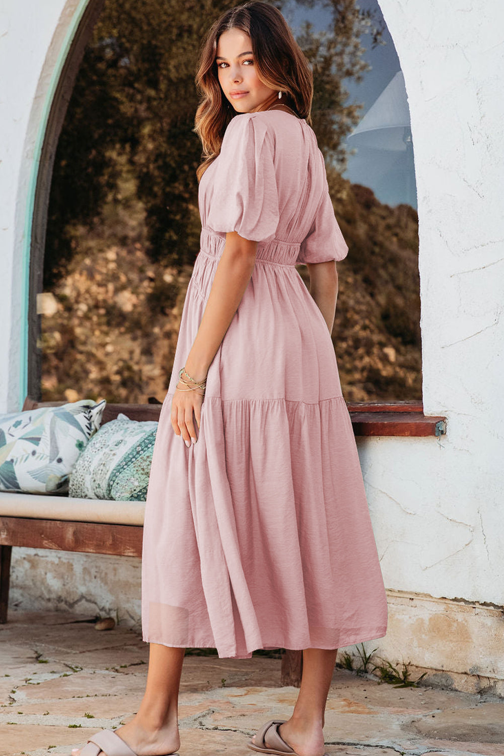 Pink Puff Sleeve High Waist Flowy Midi Dress - The Fair Lady Shop