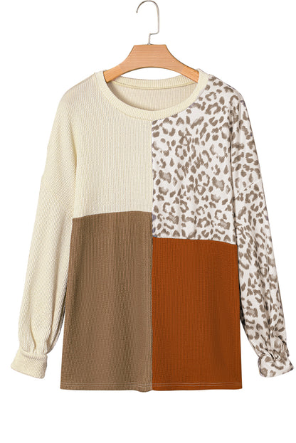 Khaki Ribbed Color Block Leopard Splicing Plus Size Top - The Fair Lady Shop