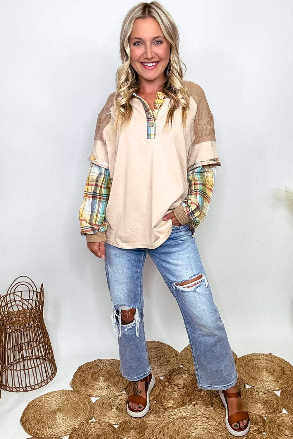 Parchment Plus Size Plaid Waffle Patchwork Henley Top - The Fair Lady Shop