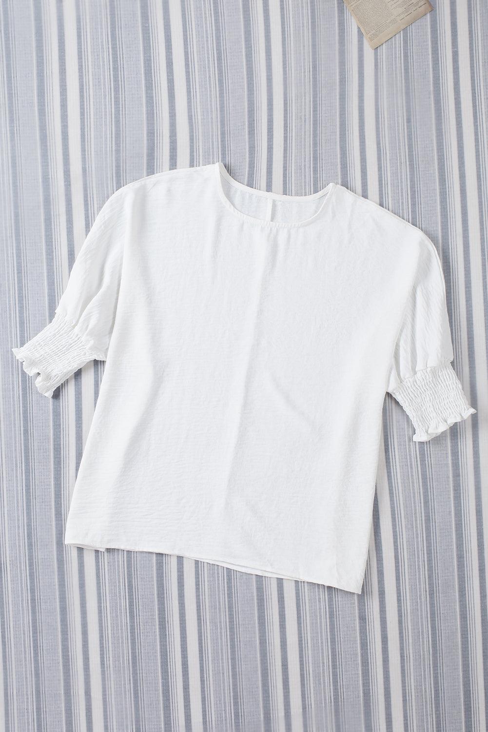 White Plain & Casual Shirred Cuffs Half Sleeve Top - The Fair Lady Shop
