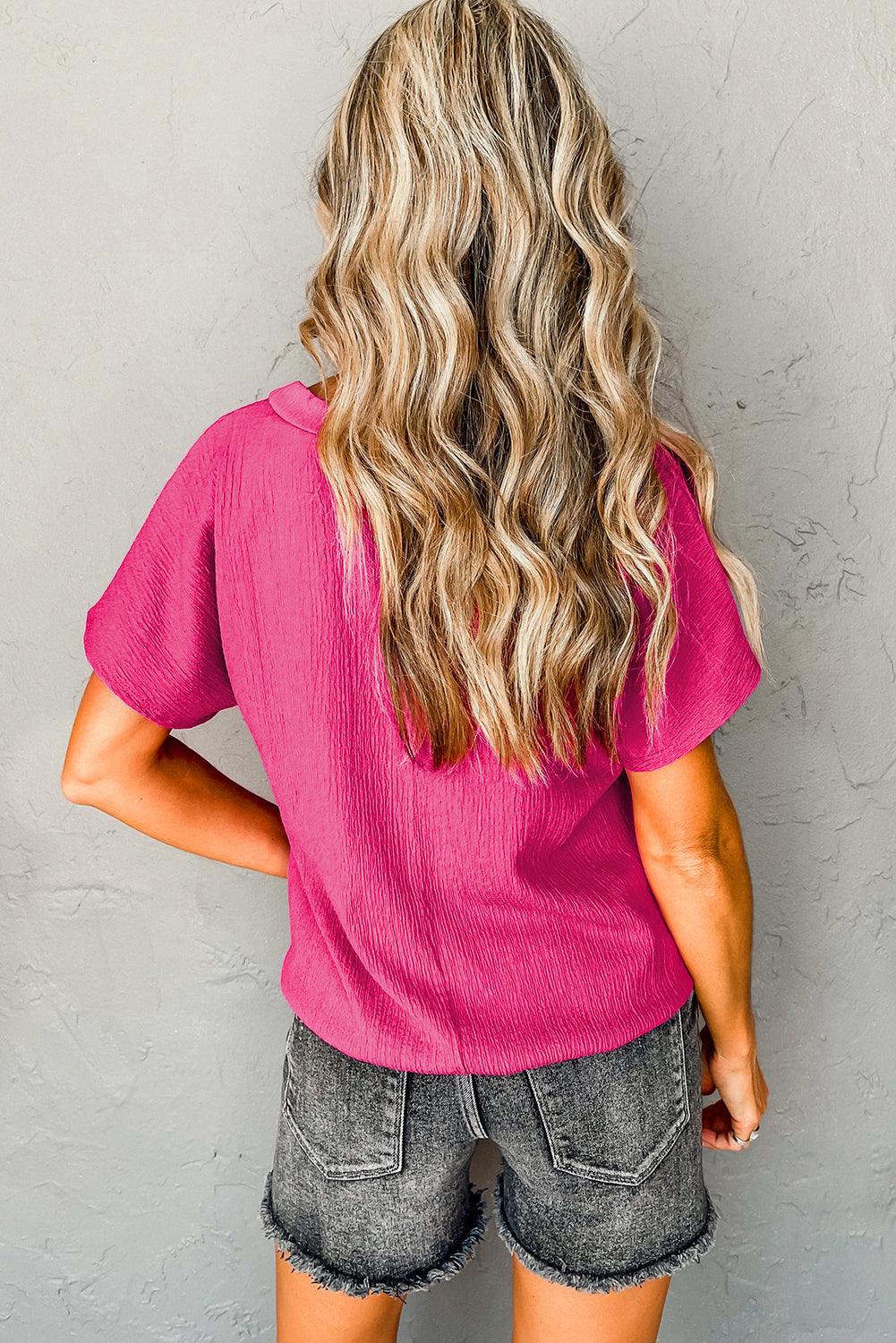 Blue Plain Crinkled V Neck Flounce Sleeve T Shirt - The Fair Lady Shop