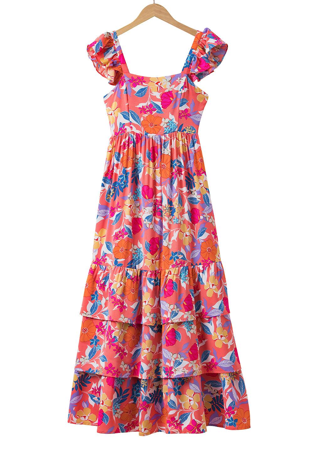 Pink Floral Print Sleeveless Ruffle Tiered Maxi Dress - The Fair Lady Shop