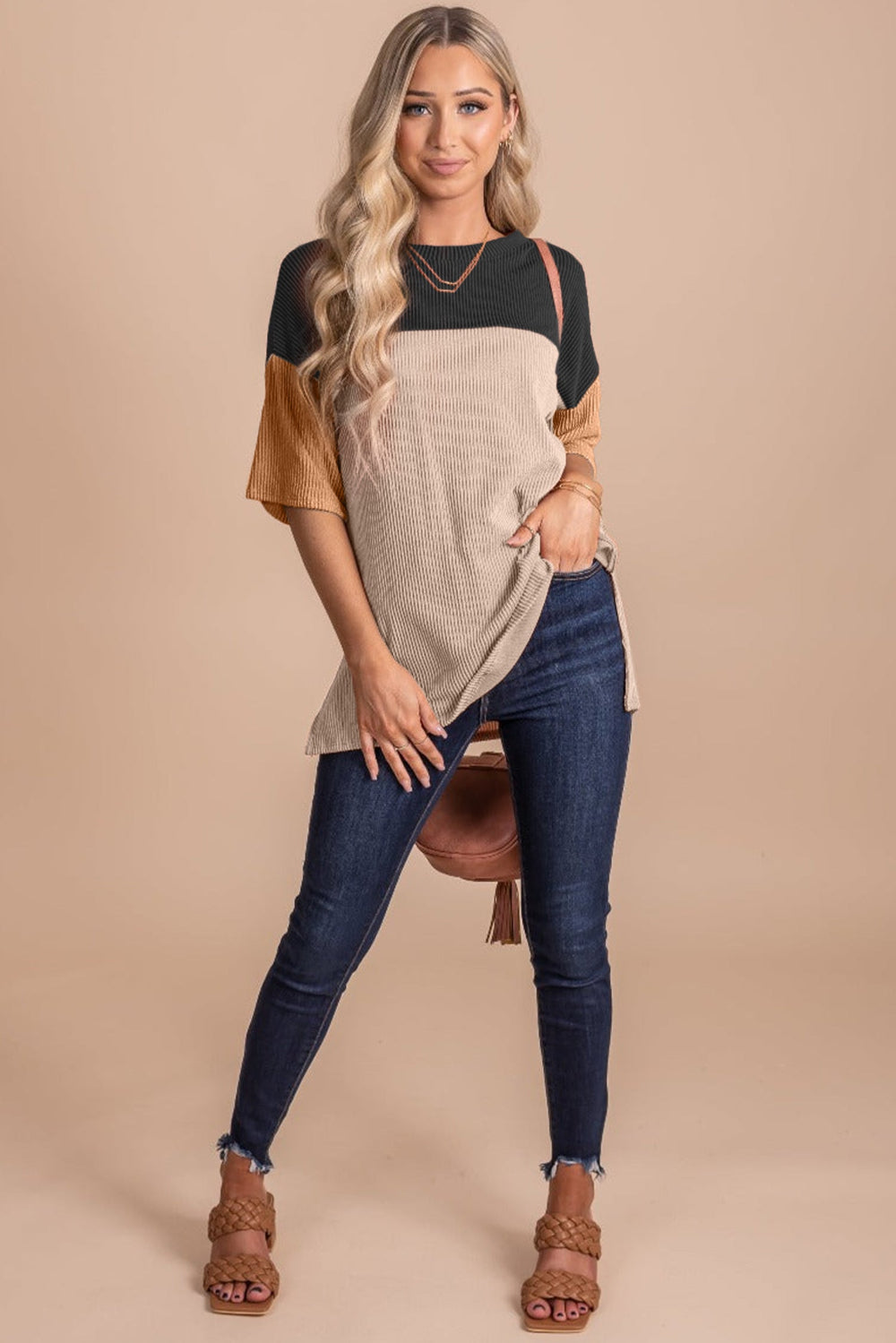 Black Color Block Ribbed Side Slits Half Sleeve Top - The Fair Lady Shop