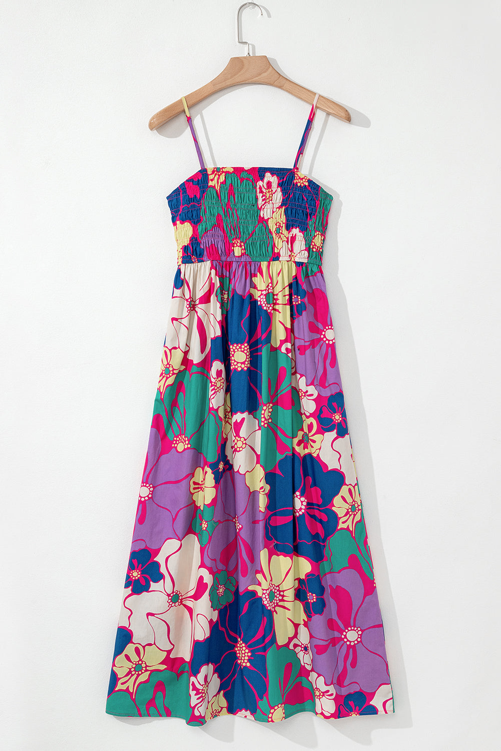 Purple Floral Print Shirred Spaghetti Strap Loose Maxi Dress - The Fair Lady Shop