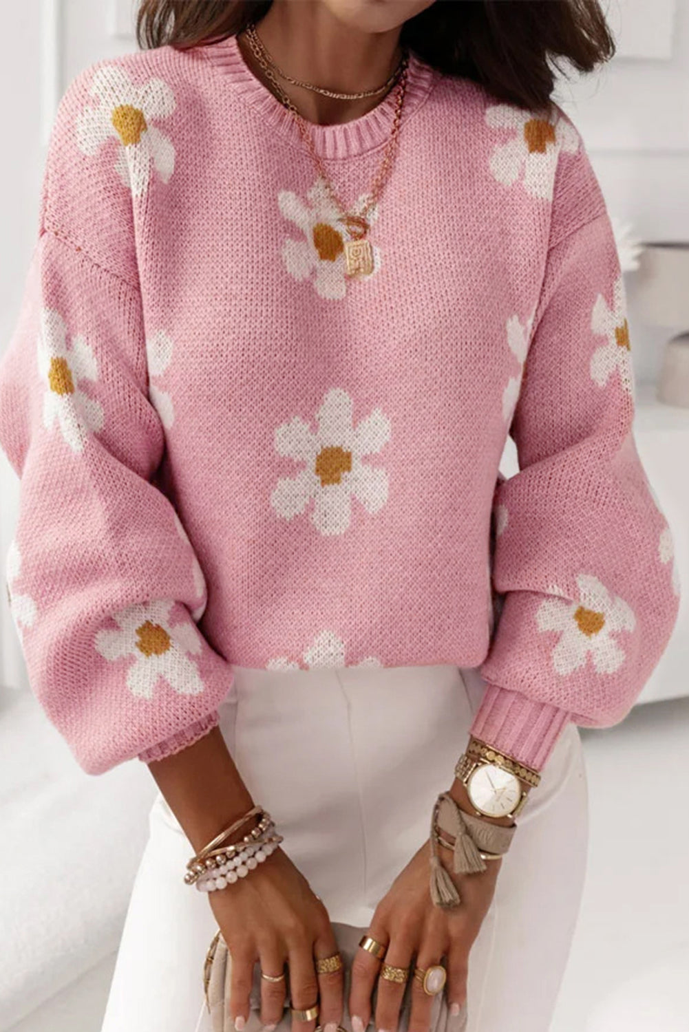 Pink 60s Floral Pattern Drop Shoulder Pullover Knit Sweater - The Fair Lady Shop