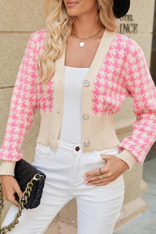 Pink Houndstooth Cropped Knit Cardigan - The Fair Lady Shop