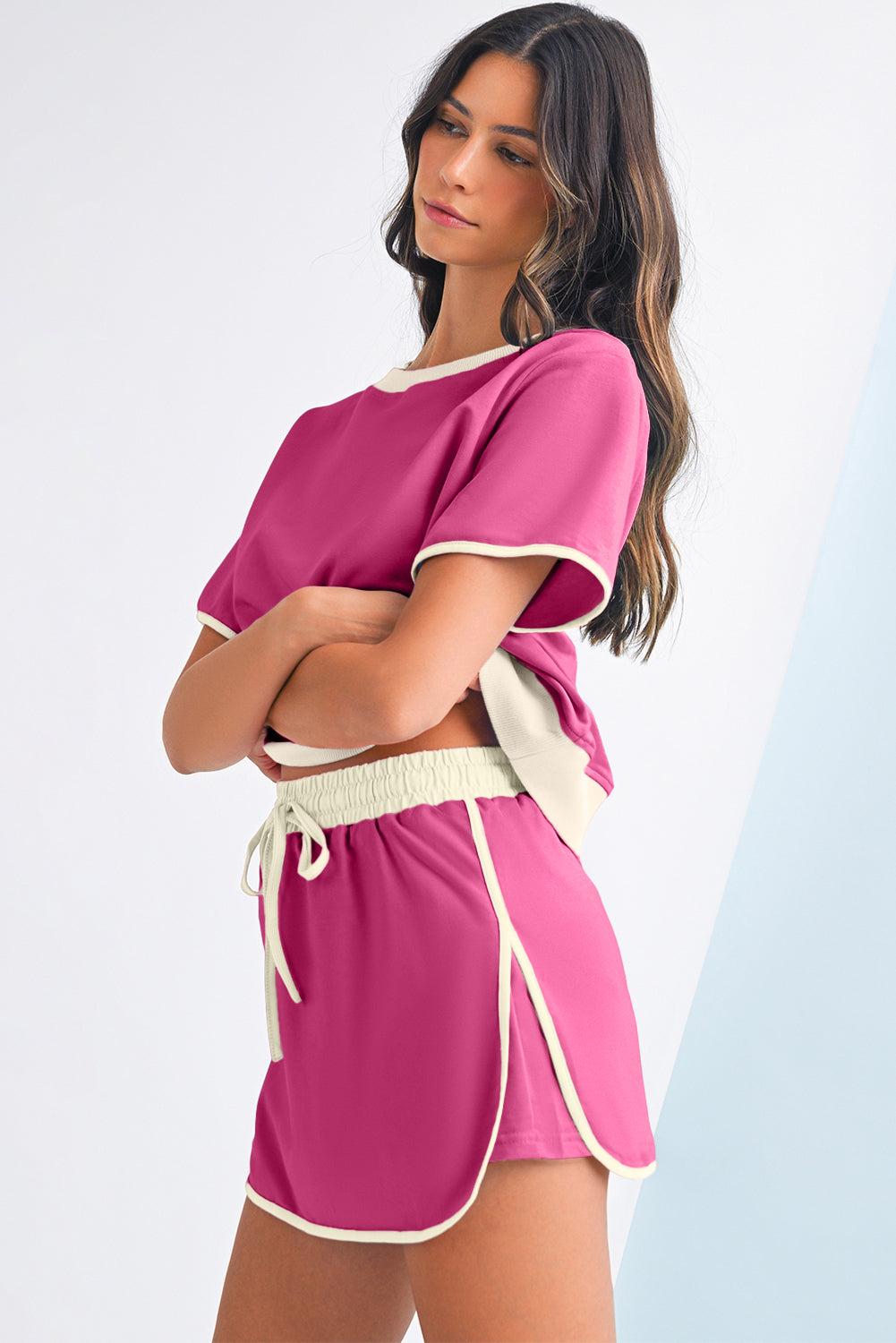 Rose Red Colorblock Edge Drop Shoulder T Shirt and Skort Set