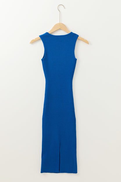 Dark Blue Solid Ribbed Knit Sheath Sleeveless Midi Sweater Dress - The Fair Lady Shop