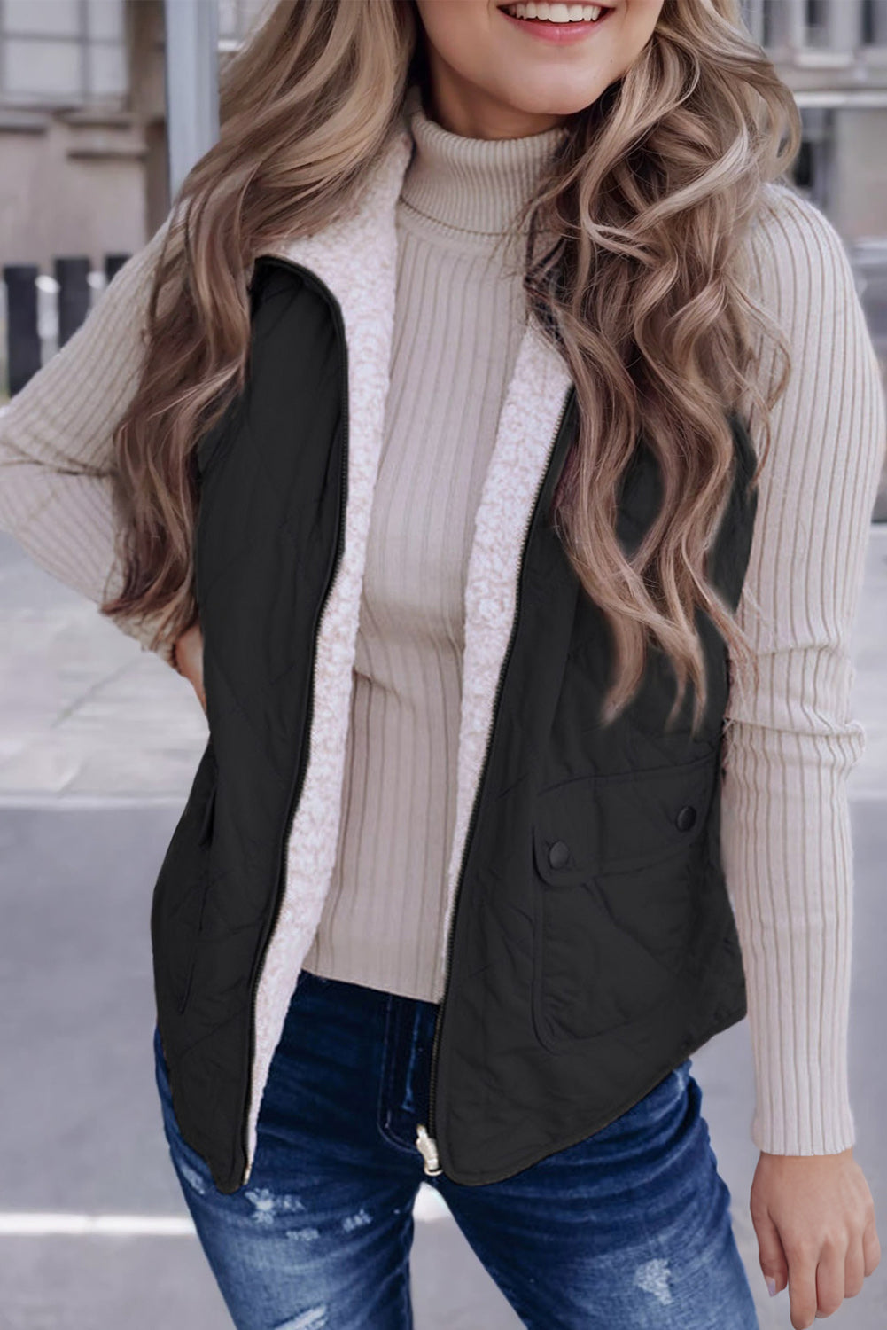 Black Zip Up Fleece Lined Quilted Vest Coat - The Fair Lady Shop