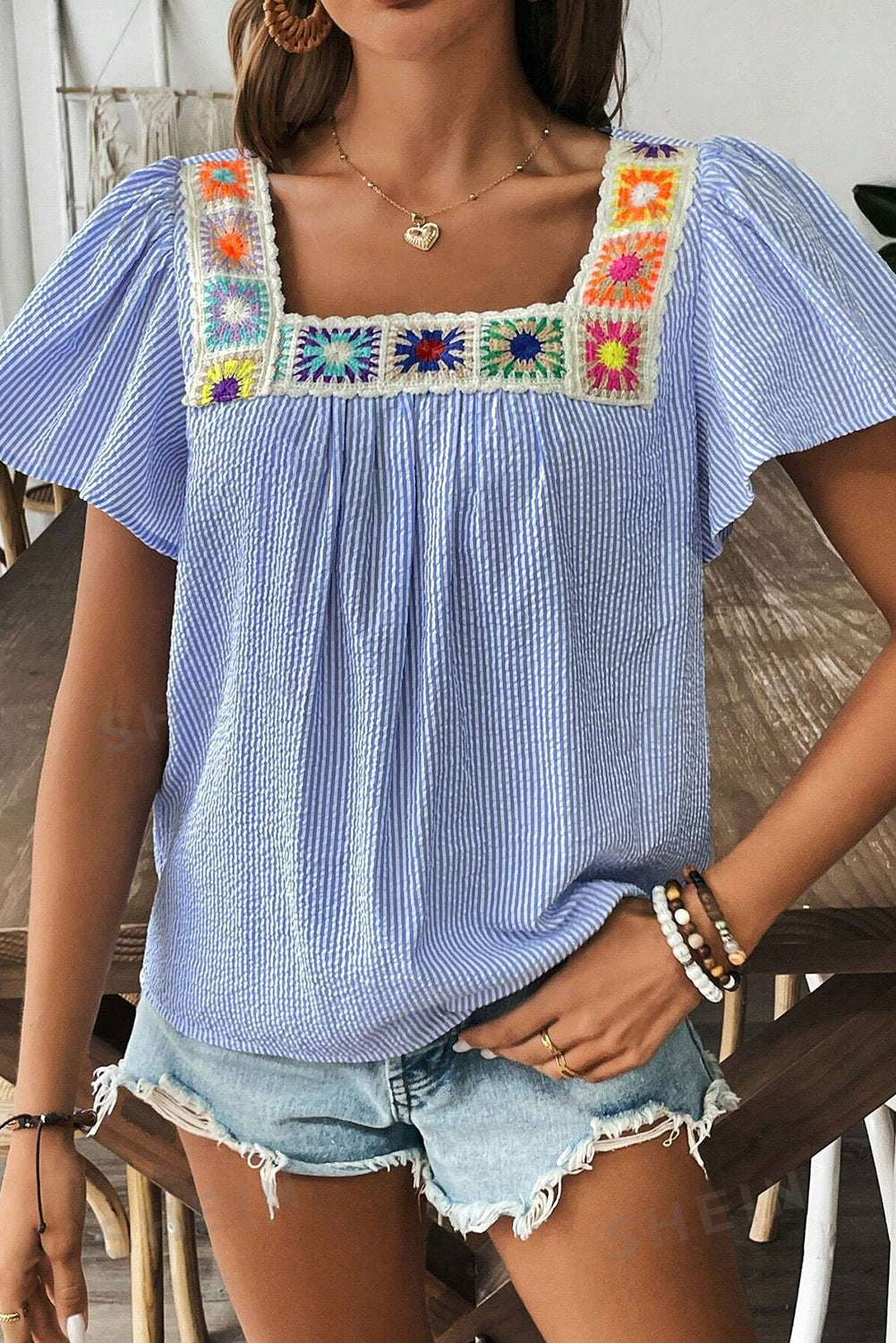 Sky Blue Striped Crochet Applique Boho Blouse - The Fair Lady Shop