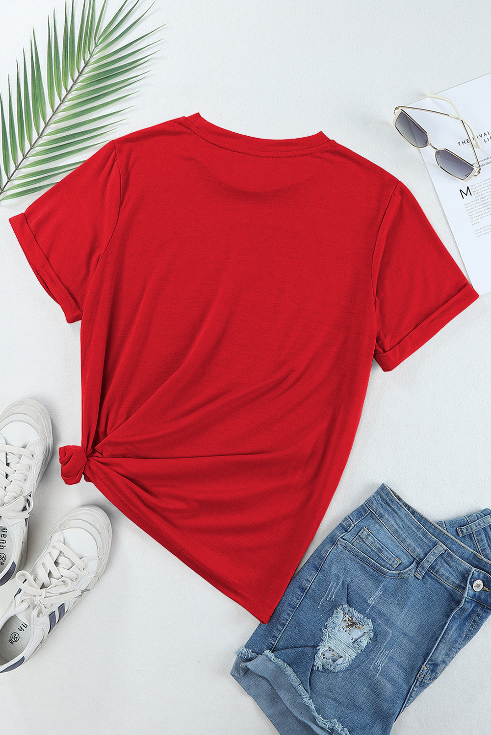 Red Solid Color Basic Crew Neck Plain Tee - The Fair Lady Shop