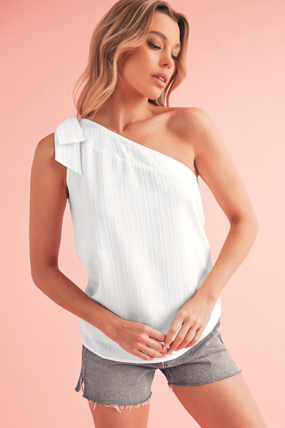 White Solid Color Asymmetrical Knot Textured Sleeveless Shirt - The Fair Lady Shop