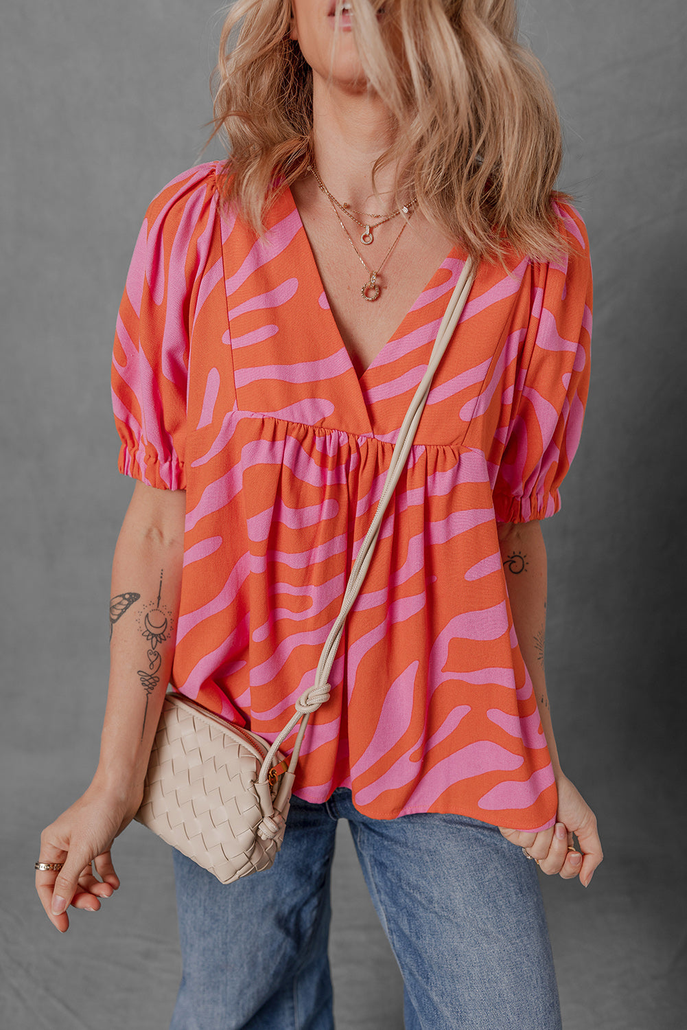 Orange Zebra Stripe Print Ruched Cuff Half Sleeve V Neck Blouse - The Fair Lady Shop