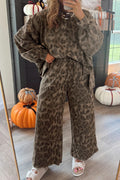 Brown Allover Leopard Print Pullover Drawstring Loose Pants Set