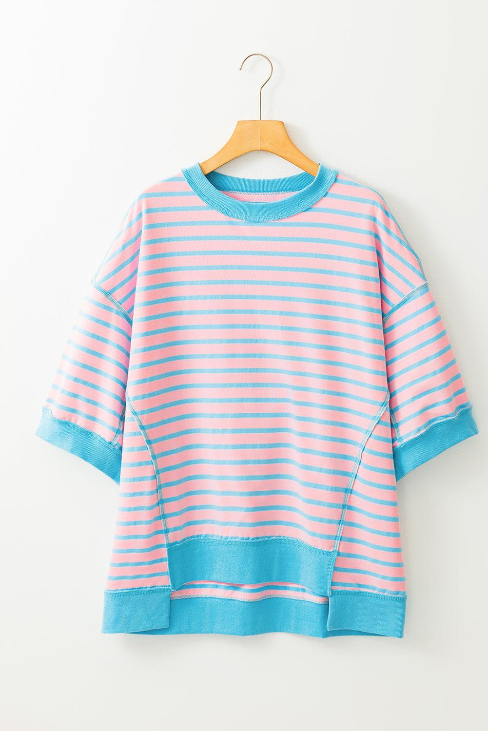 Pink Stripe Colorblock Drop Sleeve Oversized T Shirt - The Fair Lady Shop