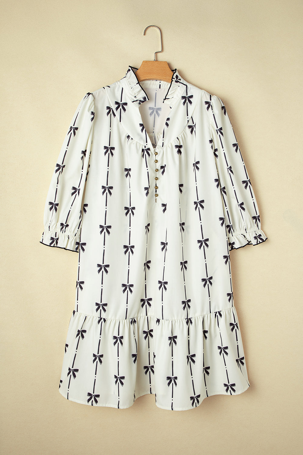 Apricot Striped Bow Print Puff Sleeve Ruffle Plus Size Mini Dress - The Fair Lady Shop