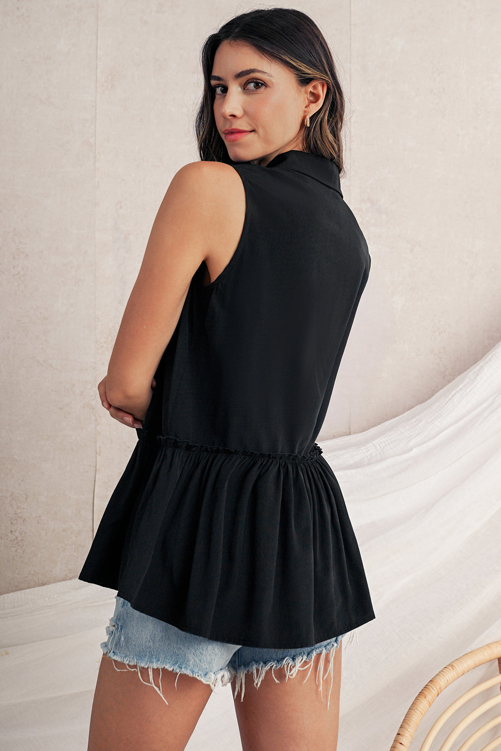 Black Plain Frill Ruffle Hem Sleeveless Shirt - The Fair Lady Shop