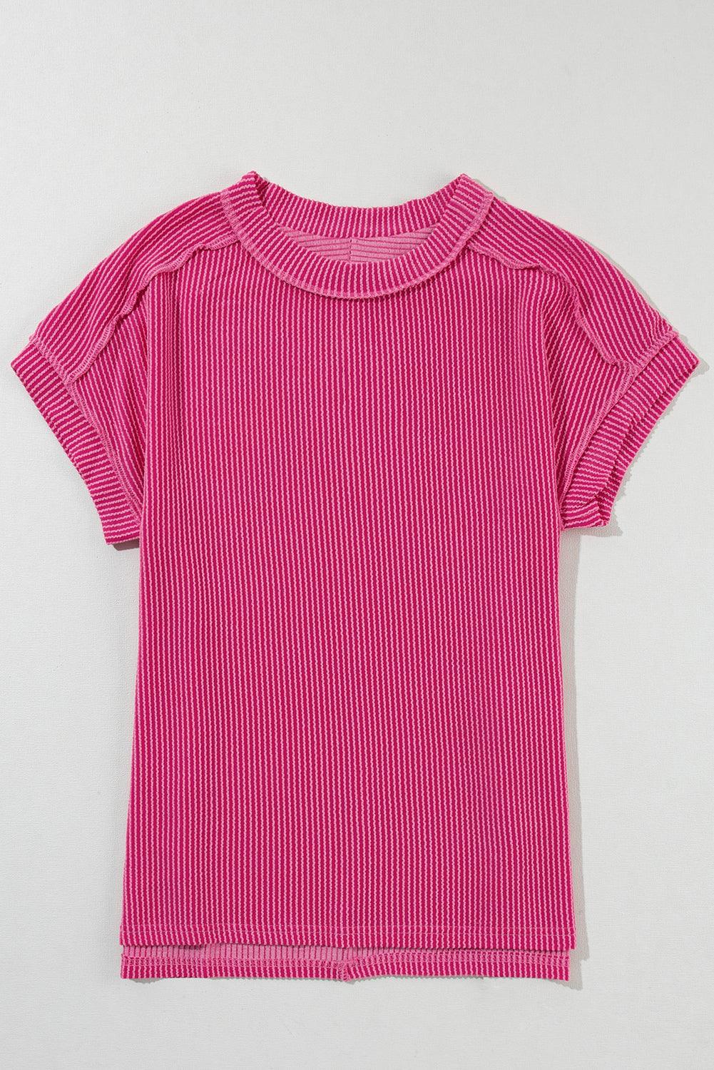 Medium Grey Ribbed Knit Exposed Seam Round Neck T-shirt - The Fair Lady Shop